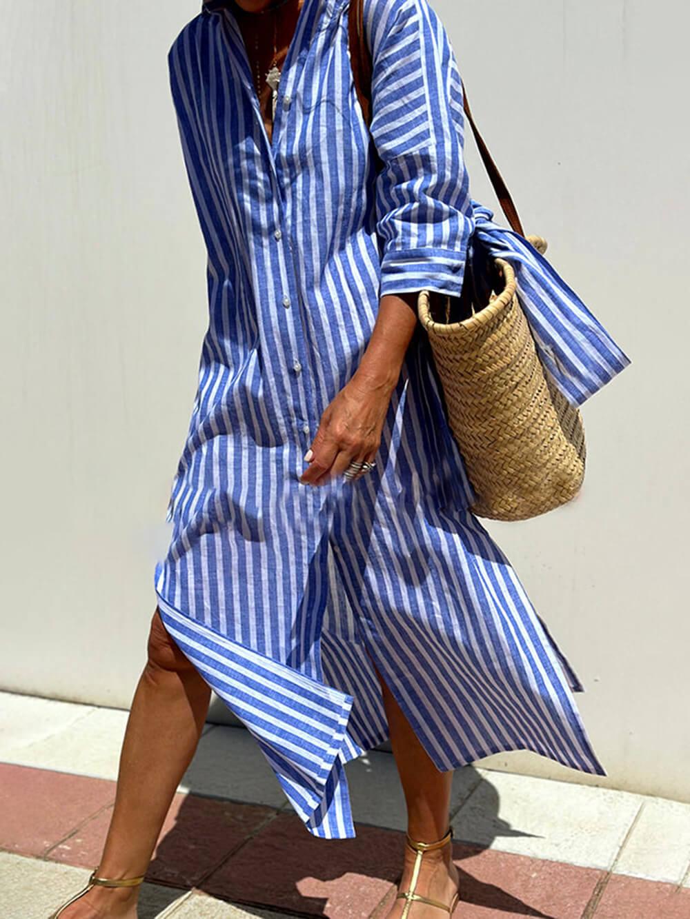 Aurohaya Splendor Stripes Printed Button Half Sleeve Belt Shirt Midi Dress