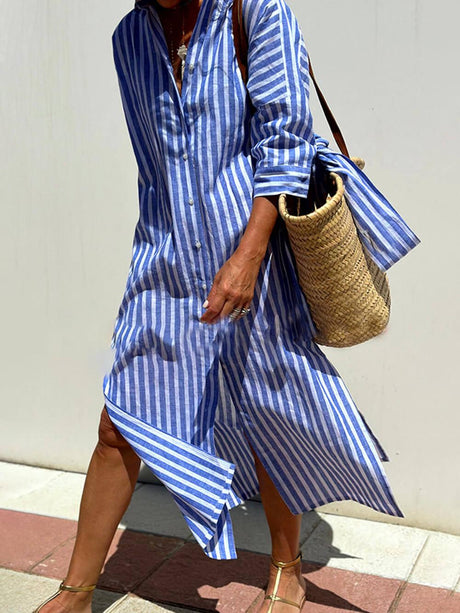 Aurohaya Splendor Stripes Printed Button Half Sleeve Belt Shirt Midi Dress