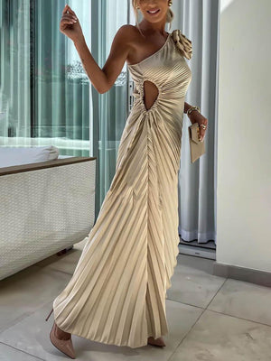 Aurohaya Romantic Night Guilloche Stretch Hollow One Shoulder Pleated Maxi Dress