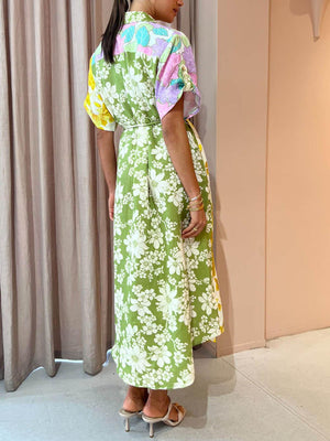 Aurohaya Multicolor Paneled Shirt-Style Midi Dress