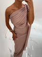 Aurohaya Elegant One-Shoulder Ruched Patchwork Party Maxi Dress Light Pink