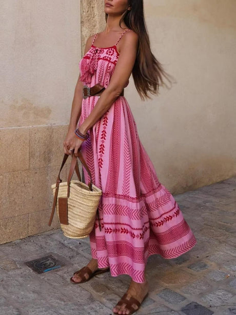 Aurohaya Ethnic Style Crochet Patchwork Knitted Slip Maxi Dress