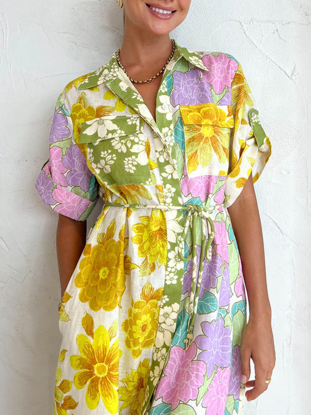 Aurohaya Multicolor Paneled Shirt-Style Midi Dress