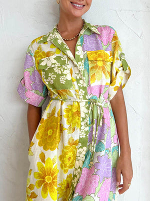 Aurohaya Multicolor Paneled Shirt-Style Midi Dress