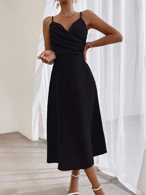 Aurohaya Elegant Spaghetti Strap Pleated Leg Slit Dress