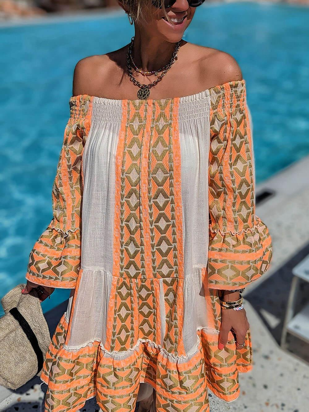 Aurohaya Linen Blend Ethnic Print Off Shoulder Loose Mini Dress