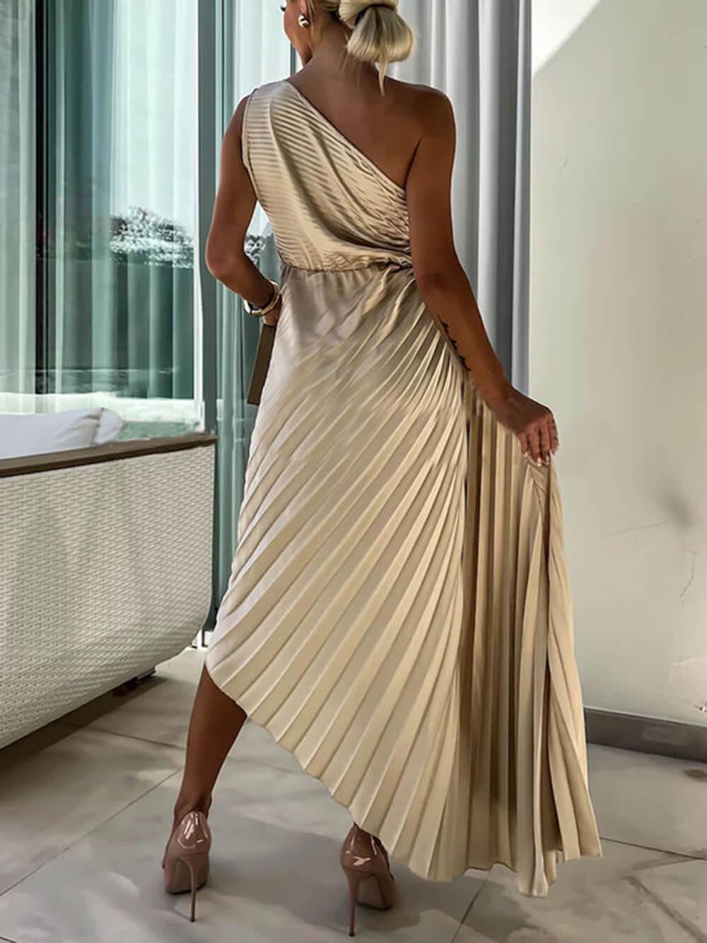Aurohaya Romantic Night Guilloche Stretch Hollow One Shoulder Pleated Maxi Dress
