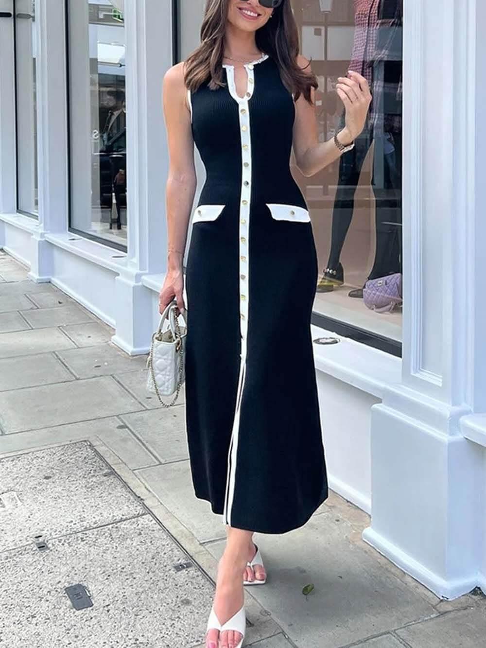 Aurohaya Elegant Crew Neck Buttoned Sleeveless Knit Midi Dress
