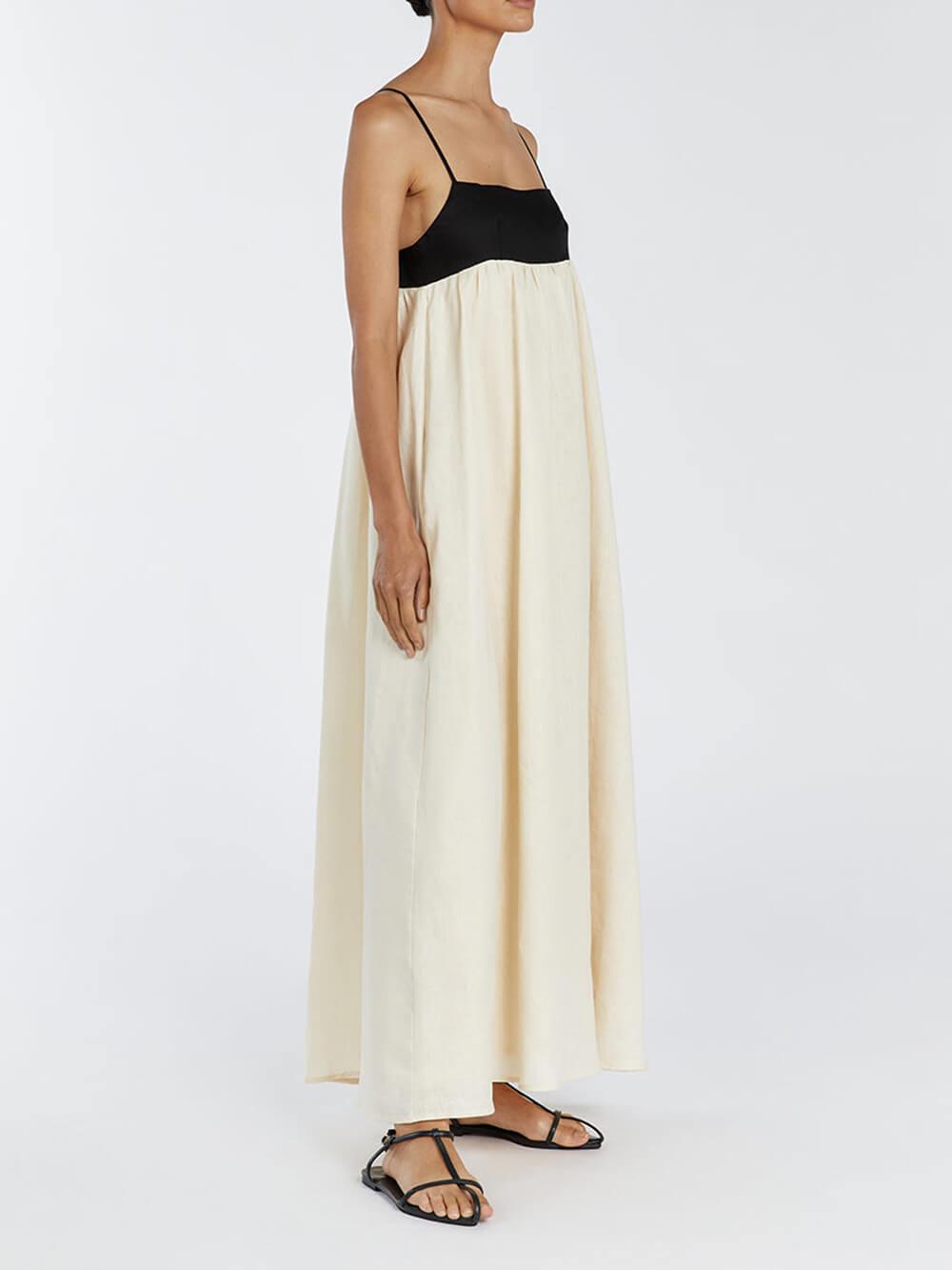 Aurohaya Loose Suspender Black And White Patchwork Maxi Dress
