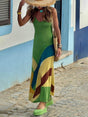 Aurohaya Unique Color Block Stitching Print Backless Slim Fit Maxi Dress Green
