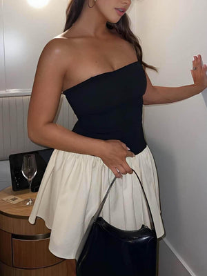 Aurohaya Modern Patchwork Bustier Backless Mini Dress