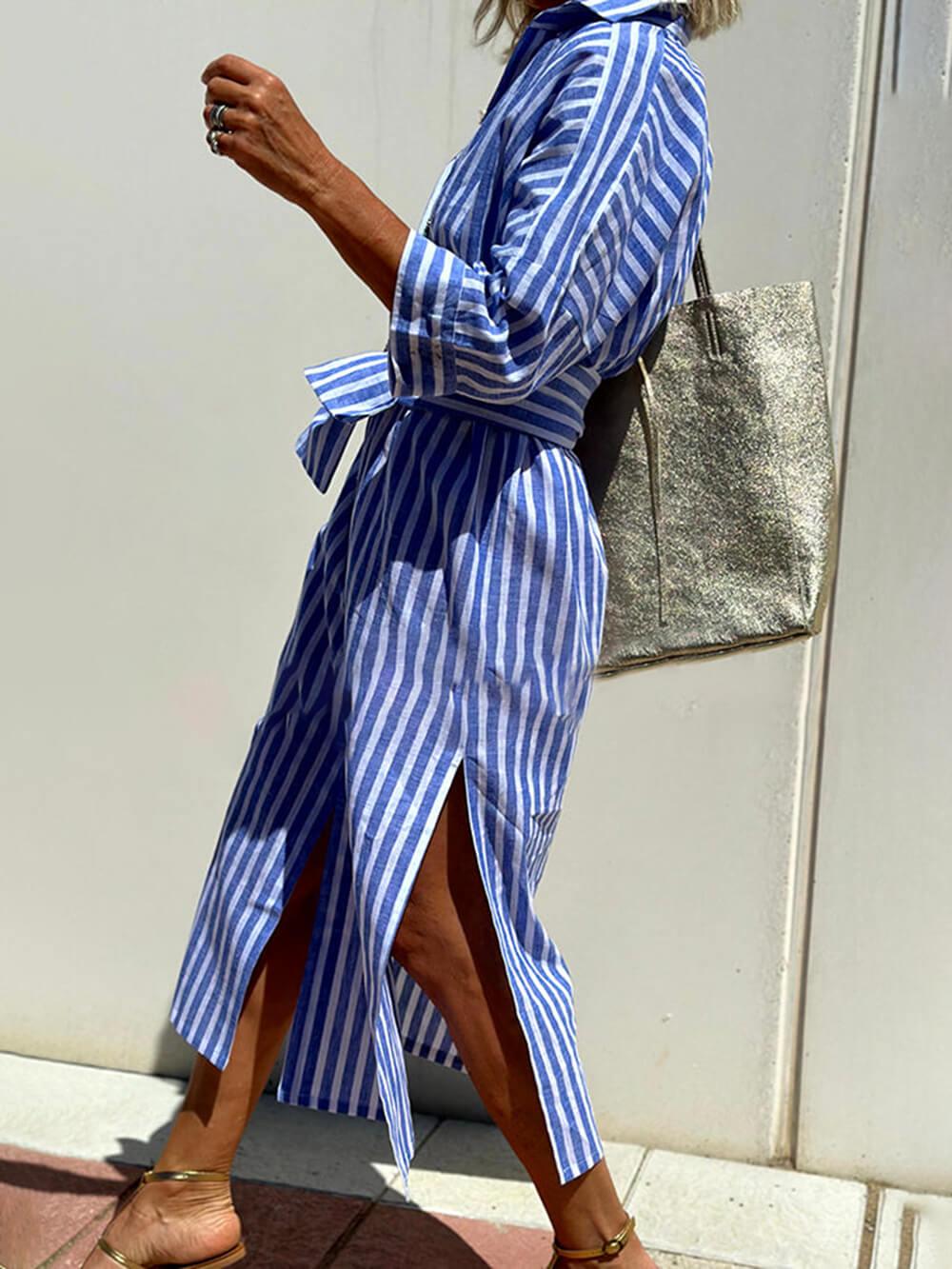Aurohaya Splendor Stripes Printed Button Half Sleeve Belt Shirt Midi Dress