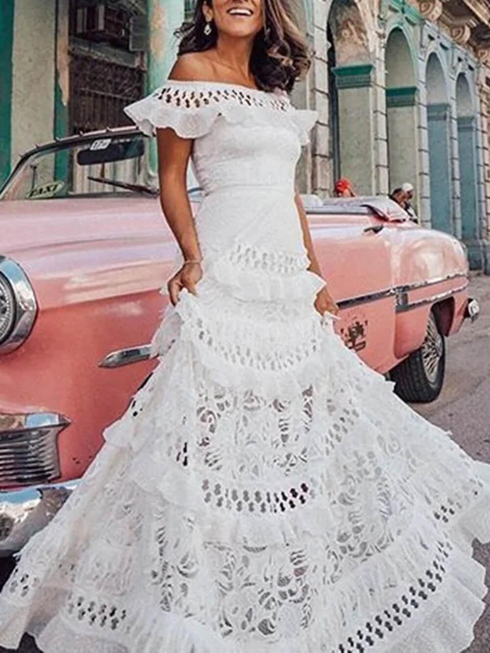 Aurohaya One-Shoulder Ruffled Hollow Swing Lace Patchwork Long Dress