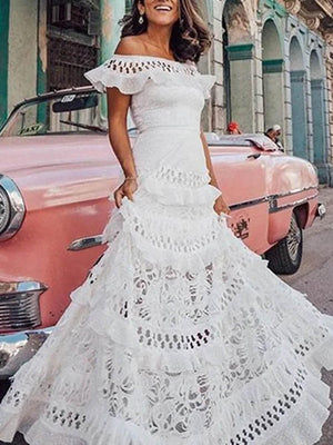 Aurohaya One-Shoulder Ruffled Hollow Swing Lace Patchwork Long Dress