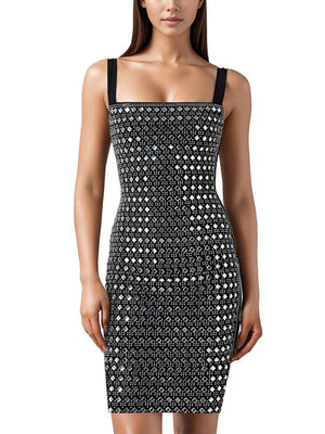 Aurohaya Rhinestone Slim Sling Mini Dress Black