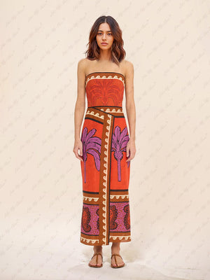Aurohaya Unique Palm Tree Floral Off-Shoulder Midi Dress