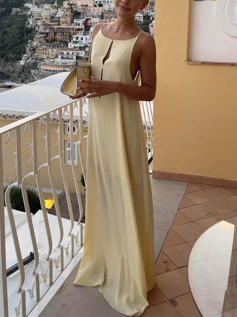 Aurohaya Elegant Hollow Backless Maxi Dress Apricot