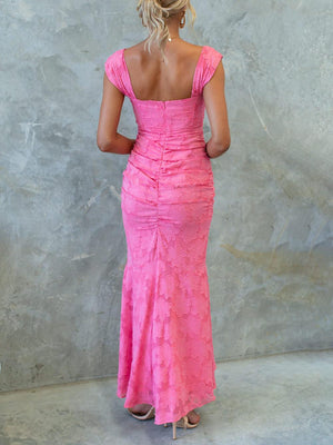 Aurohaya Beauty Floral Textured Material Ruched Fishtail Maxi Dress