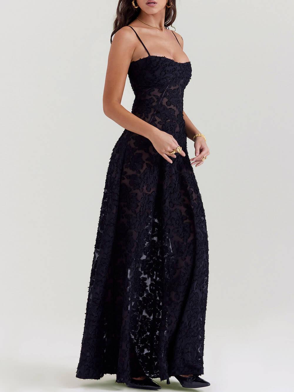 Aurohaya Black Floral Lace Back Maxi Dress