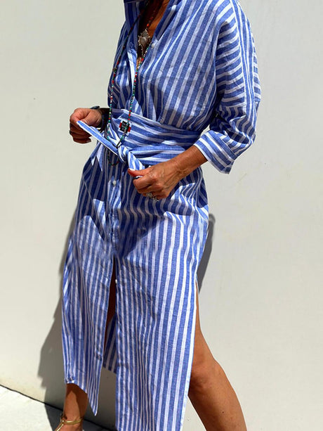 Aurohaya Splendor Stripes Printed Button Half Sleeve Belt Shirt Midi Dress