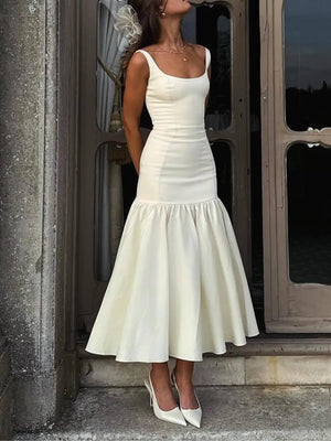 Aurohaya Graceful Square Neck Wide Strap Drop Waist Midi Dress White
