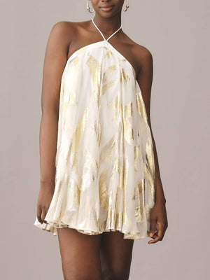 Aurohaya Sequins Hanging Neck Halter Print Swing Mini Dress