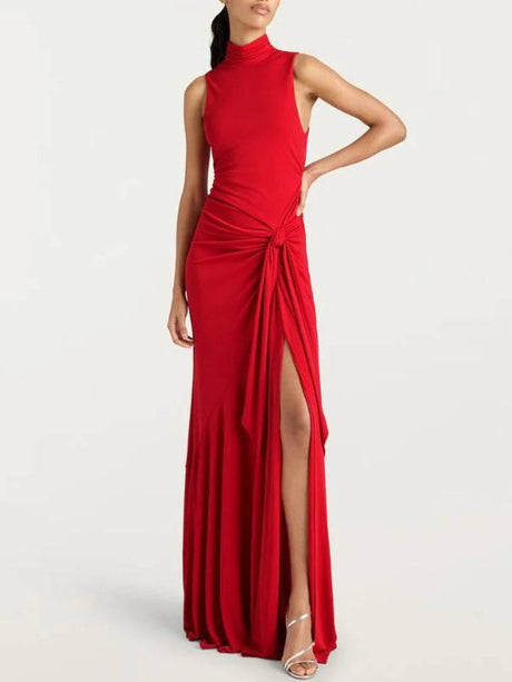 Aurohaya Lace-Up Design Side Slit Maxi Dress Red