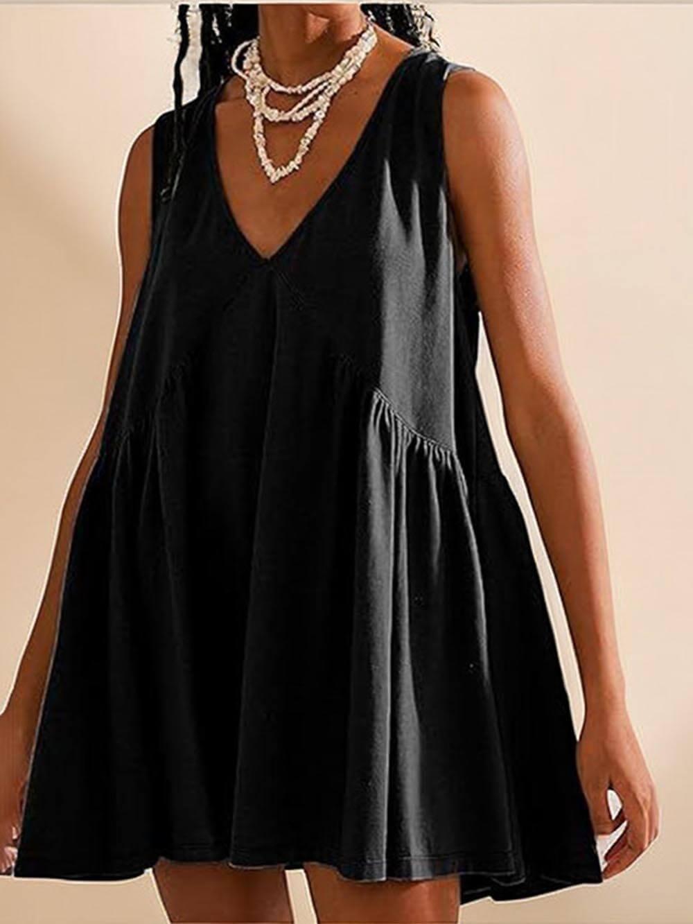 Aurohaya Deep V Wide Strap Mini Tank Dress Black