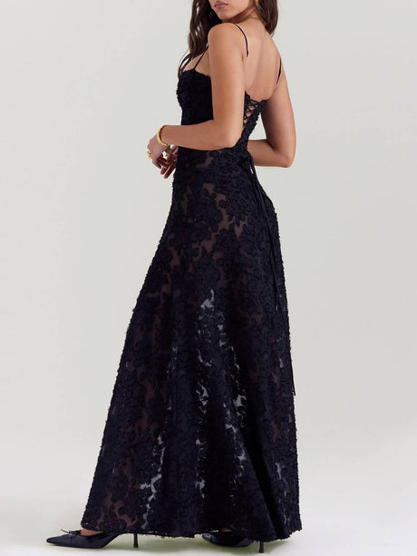 Aurohaya Black Floral Lace Back Maxi Dress