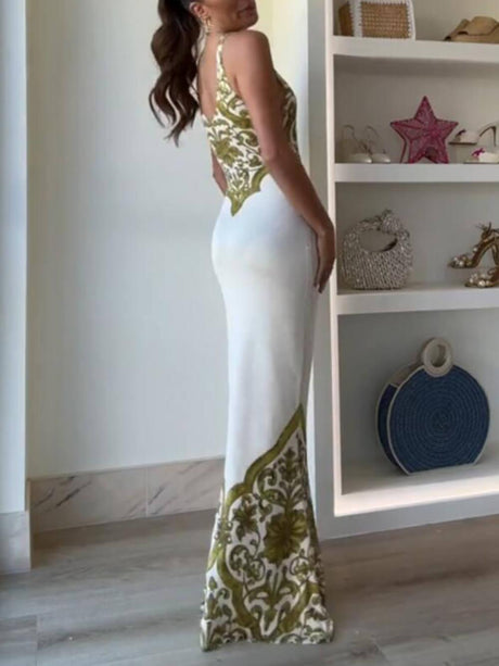 Aurohaya Extraordinary Elegance Symmetrical Unique Print Stretch Fishtail Maxi Dress