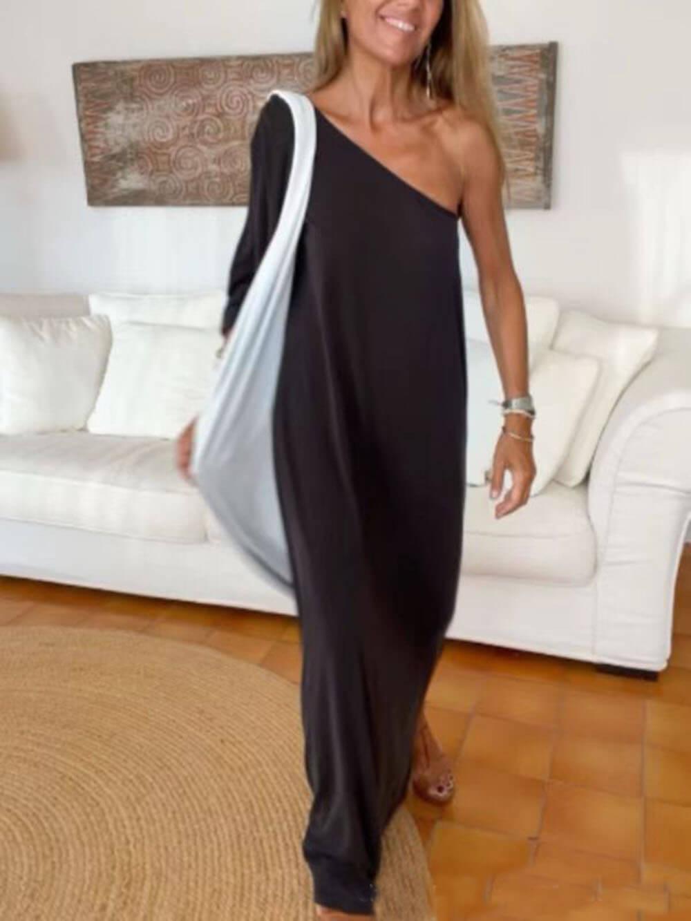 Aurohaya Side One Shoulder Statement Maxi Dress Black