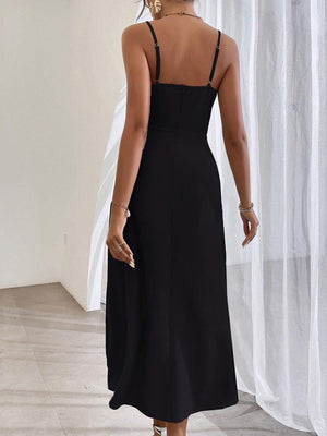 Aurohaya Elegant Spaghetti Strap Pleated Leg Slit Dress