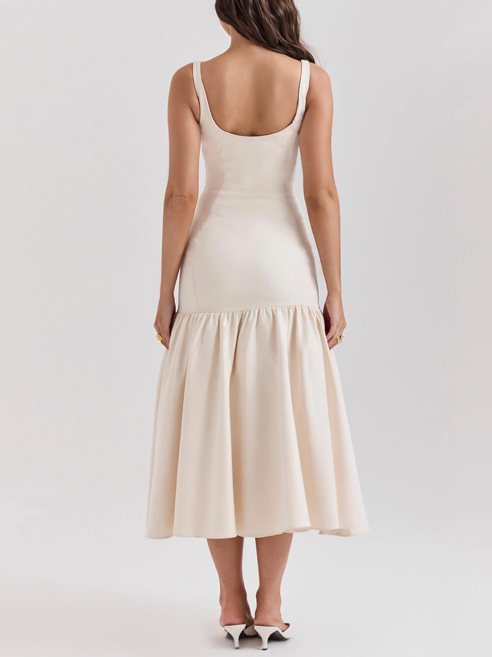 Aurohaya Graceful Square Neck Wide Strap Drop Waist Midi Dress