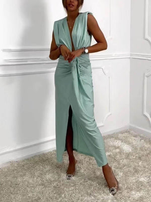 Aurohaya Classic V-Neck Ruched Drape Slit Midi Dress Light Blue