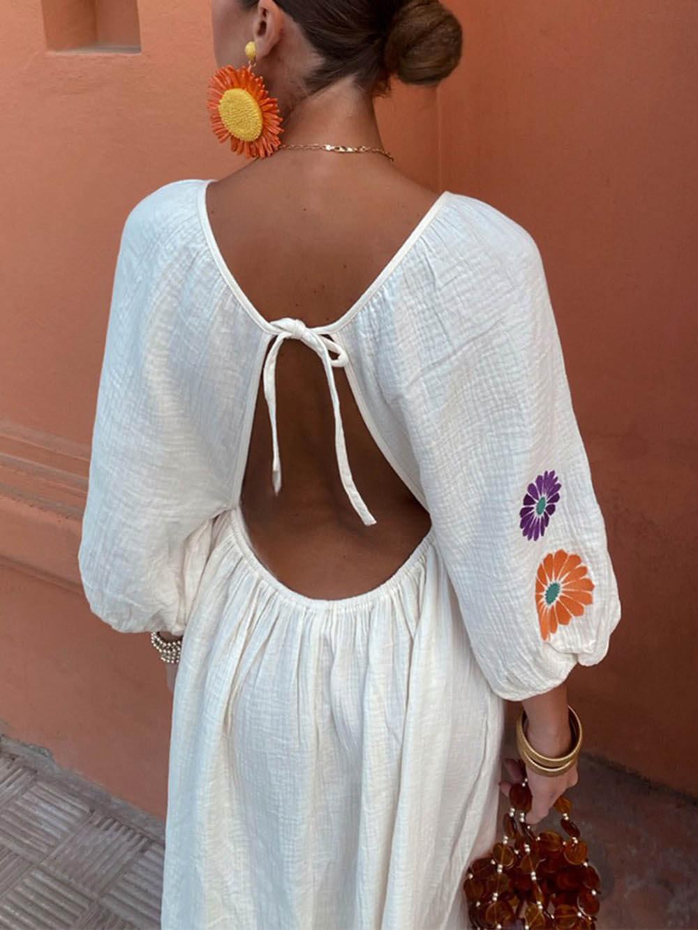 Aurohaya Floral Print V-Neck Lantern Sleeves Backless Maxi Dress