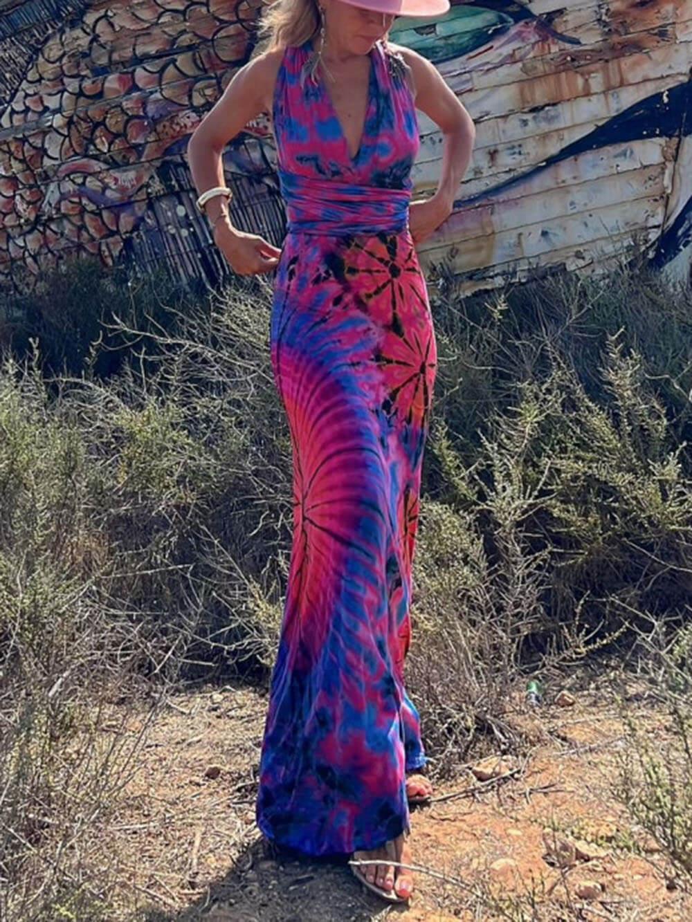 Aurohaya Printed Sleeveless V-Neck Maxi Dress Dark Blue