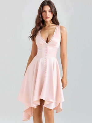 Aurohaya Deep V Irregular Hem Midi Dress Pink