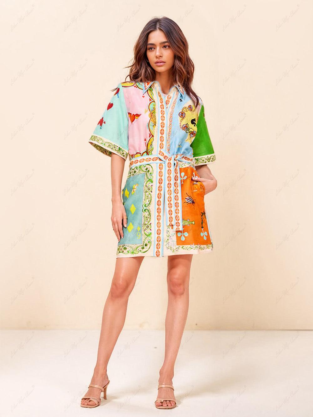 Aurohaya Casual Fashionable Fun Printed Shirt Cardigan Short Dress