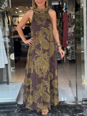 Aurohaya Glittery Vintage Paisley Pattern Dress Gold