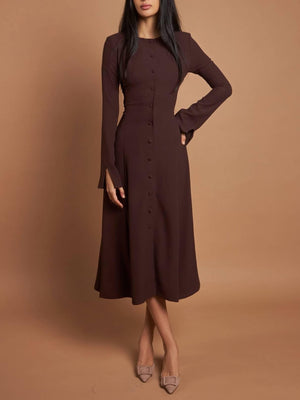 Aurohaya Slim-Fit High-Waist Lace-Up A- Line Midi Dress Brown