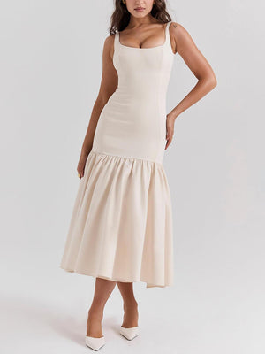 Aurohaya Graceful Square Neck Wide Strap Drop Waist Midi Dress