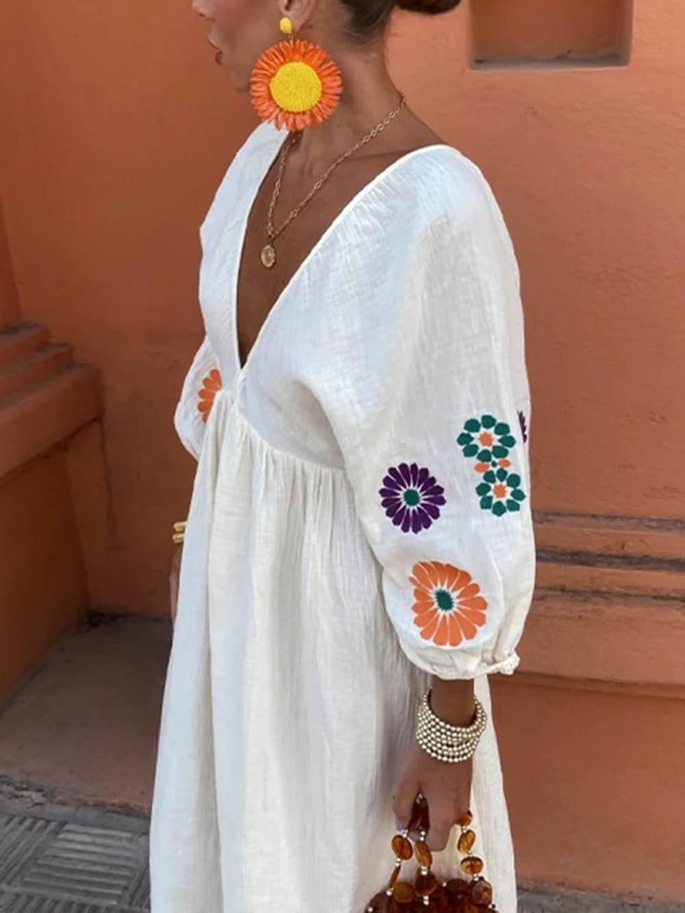 Aurohaya Floral Print V-Neck Lantern Sleeves Backless Maxi Dress