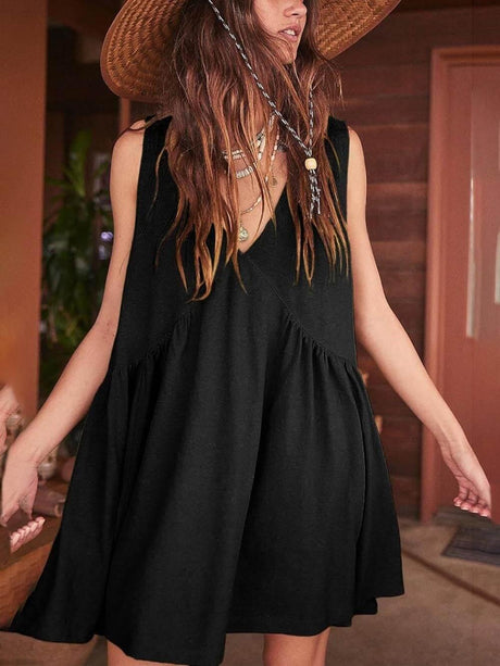 Aurohaya Deep V Wide Strap Mini Tank Dress