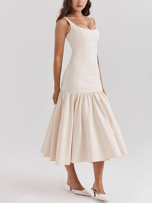 Aurohaya Graceful Square Neck Wide Strap Drop Waist Midi Dress