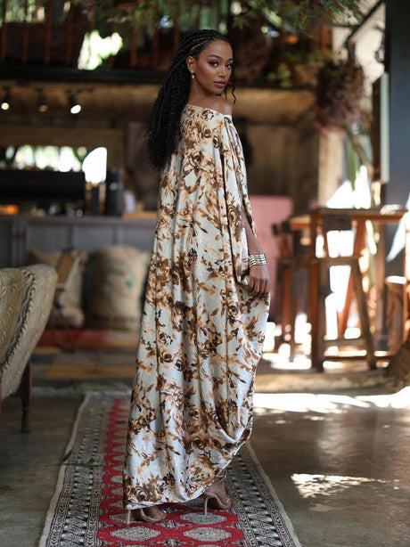Aurohaya Elegant One-Shoulder Floral Draped Ruched Maxi Dress