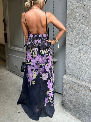 Aurohaya Elegant Printed Pleated Waist Dress