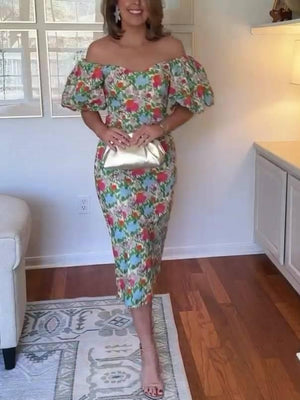 Aurohaya Bubble-Sleeve Floral Dress Printed