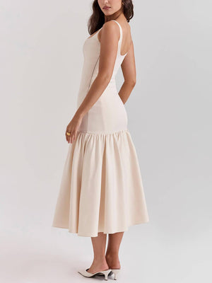 Aurohaya Graceful Square Neck Wide Strap Drop Waist Midi Dress
