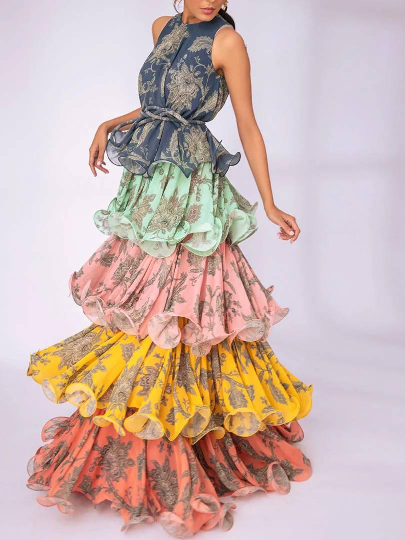 Aurohaya Multi-layer Printing Dress Printed