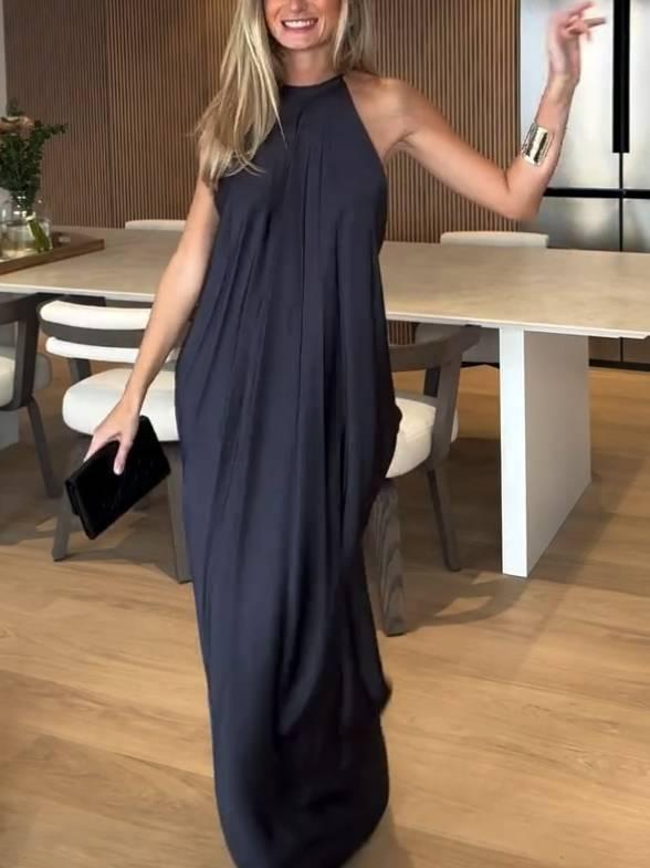 Aurohaya Minimalist Halter Neck Backless Maxi Dress Black
